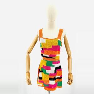 Y2K Crochet Multicolor Patchwork Festival Mini Dress